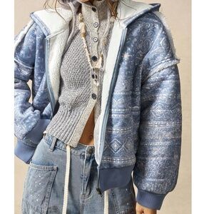 Cozy Floral Print Teddy Lined zip up Hoodie Oversized Jacket Shacket